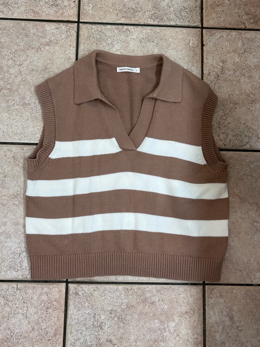 moon & madison Striped V-Neck Collared Sweater Vest - Cream & Tan